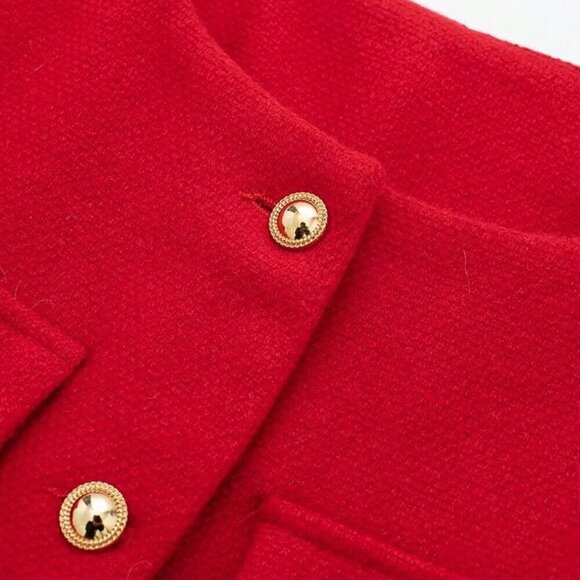 Red Elegant Women's Casual Tweed Jacket Decorated Long Sleeves Coat - Picture 3 of 8